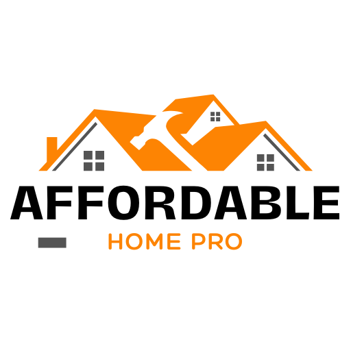 The official logo for "Affordable Home Pro" featuring three orange roofline silhouettes with a white hammer integrated into the central peak. The company name is displayed underneath in bold black and orange typography, flanked by two gray horizontal accent bars.