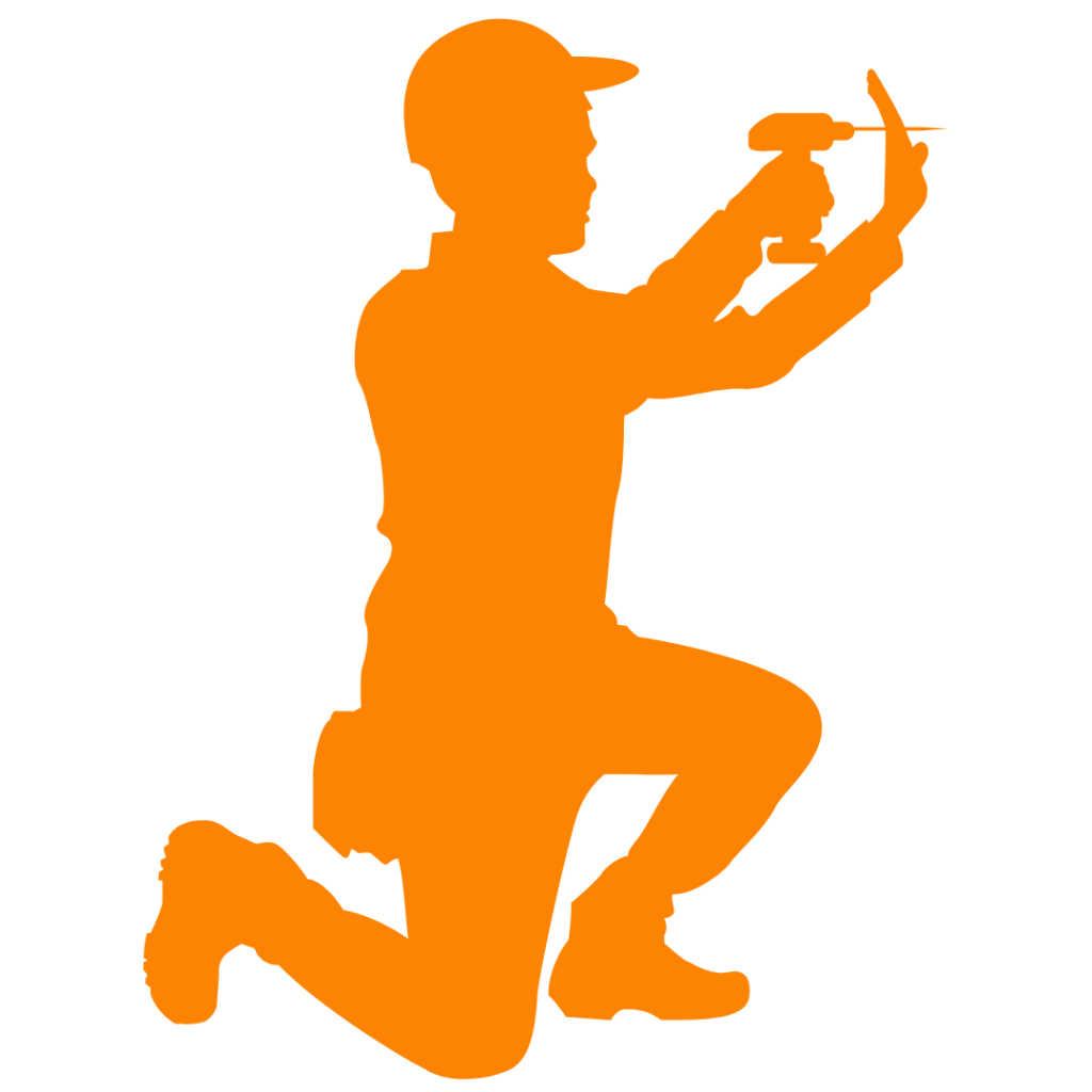 An orange silhouette of a professional contractor kneeling and using a cordless power drill to perform an installation task.